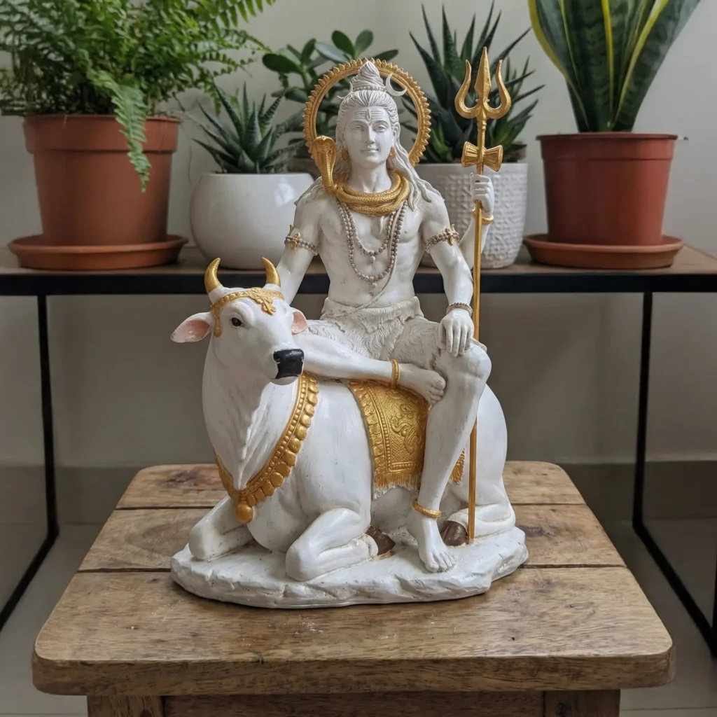 White Lord Shiva and Nandi showpiece statue for home decor with gold accents